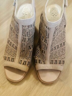 Vince Camuto Nude Laser-Cut Peep Toe Slingback Wedges
